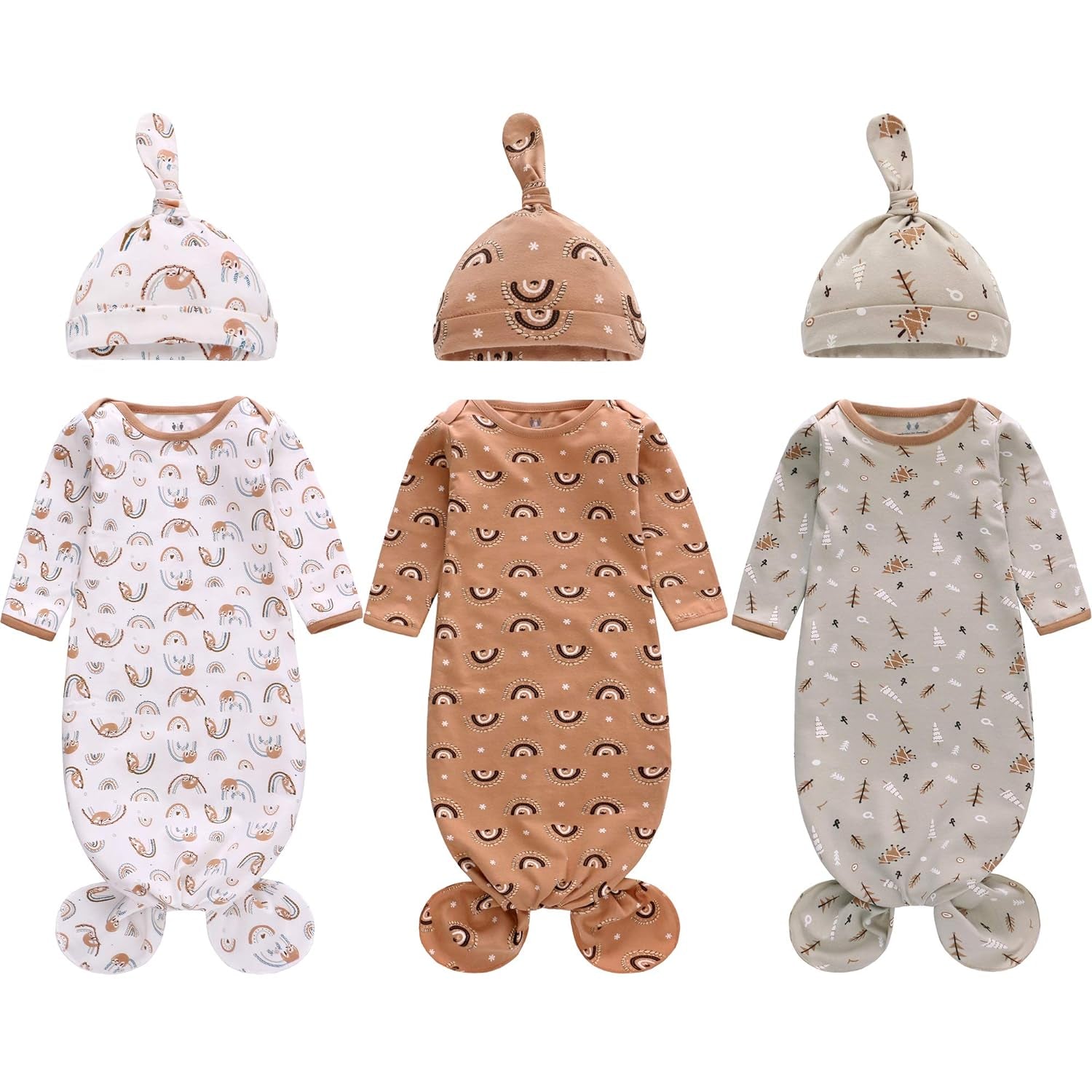 Newborn Knotted Nightgown Long Sleeve with Matching Hat Set 3 Pack, Cotton Baby Sleeper Gowns Sleeping Bags Home Outfits Set with Mitten Cuffs for Boys Girls (Pine Tree + Wave + Sloth, 6-12 Months)