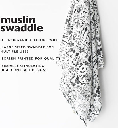 , Organic Muslin Swaddle - Nordic - Woodland Animals Design, Black and White for Baby Visual Development, Quality Cotton Swaddling or Receiving Blanket