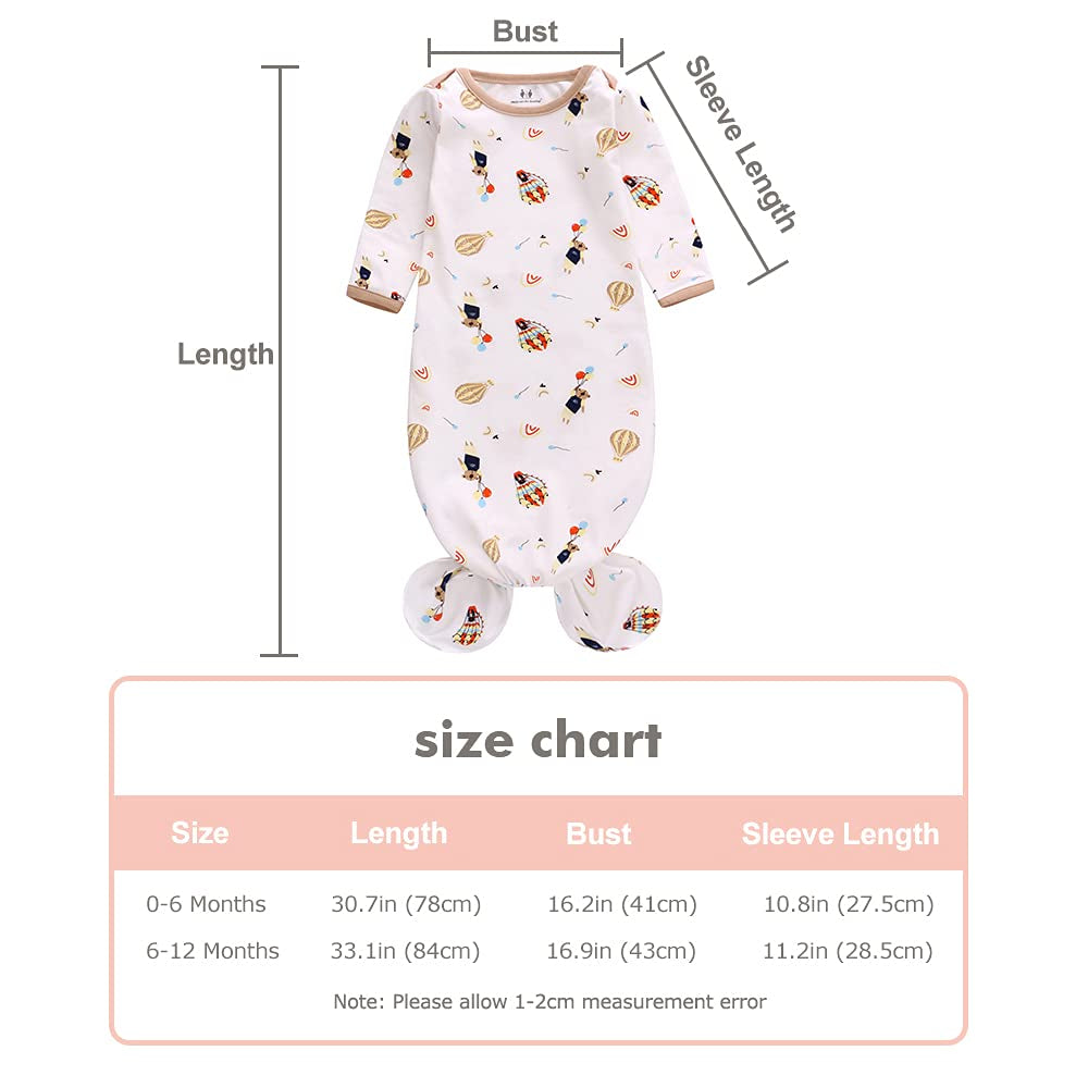 Newborn Knotted Nightgown Long Sleeve with Matching Hat Set 3 Pack, Cotton Baby Sleeper Gowns Sleeping Bags Home Outfits Set with Mitten Cuffs for Boys Girls (Pine Tree + Wave + Sloth, 6-12 Months)