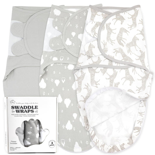 Baby Swaddle Wrap, Easy Change Baby Zipper Blanket Swaddles, 3-Pack Newborn Swaddle Sack, Baby Swaddles Sleep Sack 0-3 Months, Swaddles for Newborns, Nursery Swaddling Blankets, Grey Zebras