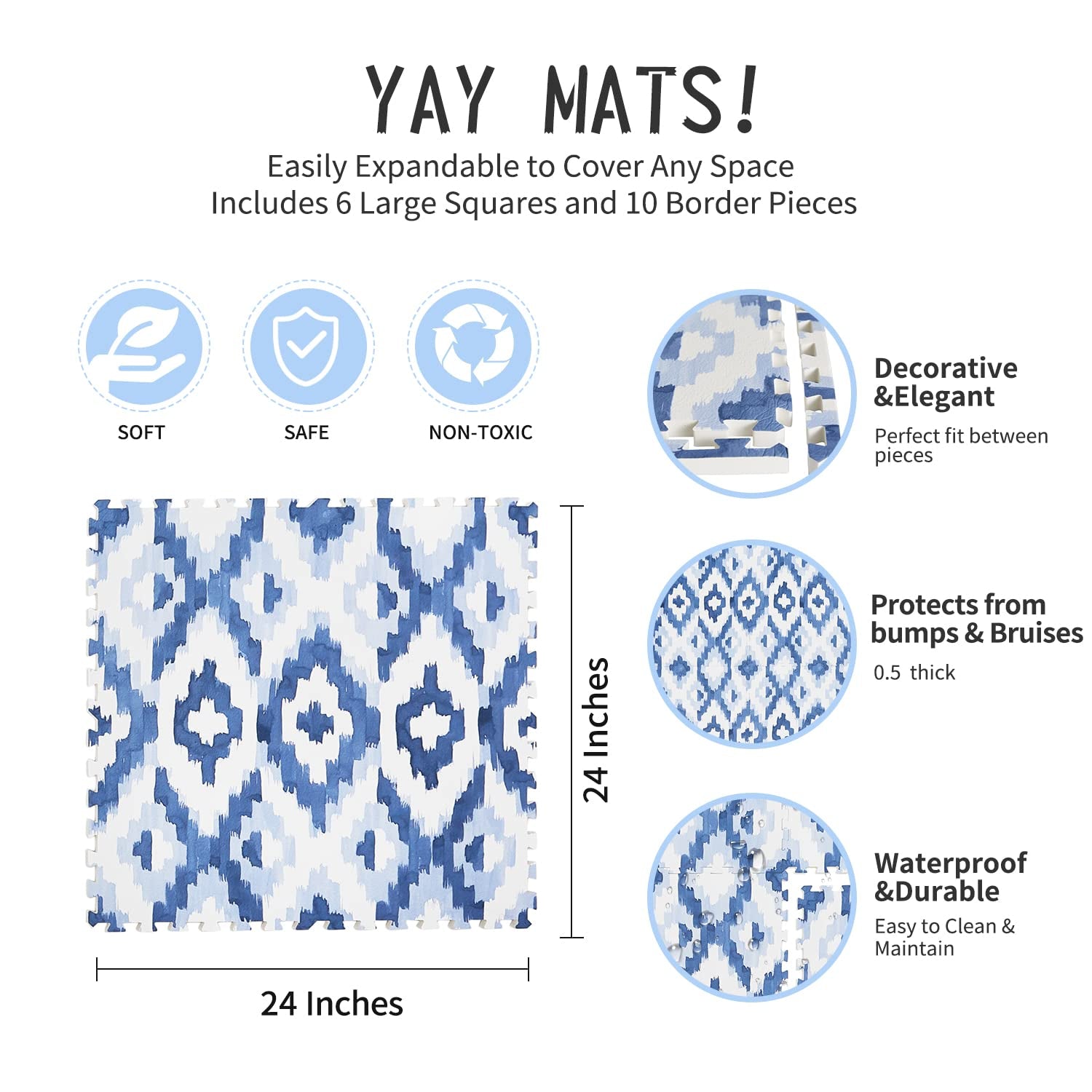 Yay Mats Stylish Extra Large Soft Baby Play Mat. Soft, Thick, Non-Toxic Foam Playmat Covers 6 Ft X 4 Ft. Expandable Interlocking Floor Tiles Toddlers and Kids Playmat Tummy Time Mat