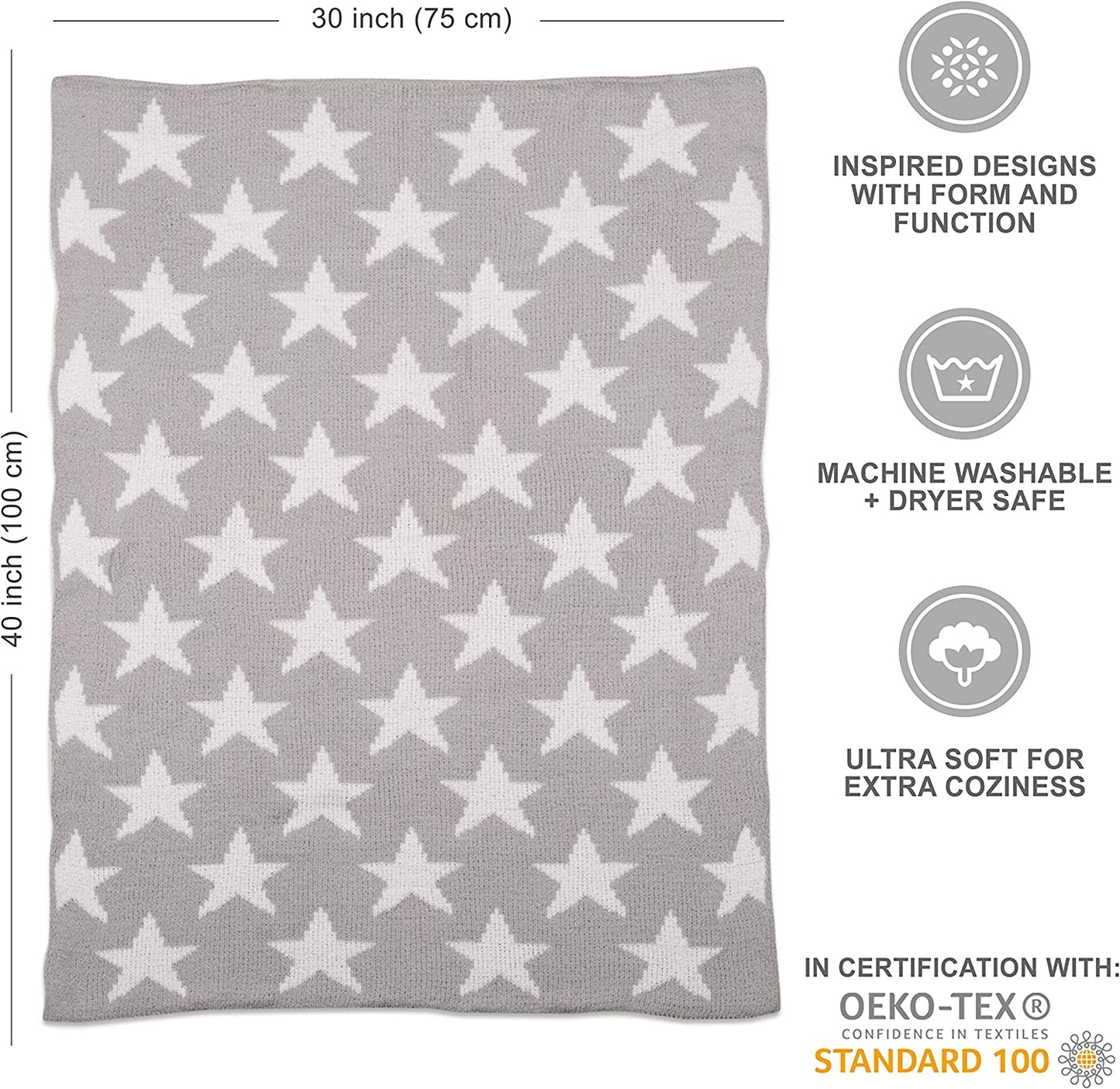 Grey Stars Chenille Soft Baby Blanket Reversible Premium Cozy Fabric for Best Comfort - for Infant,Toddler,Newborn,Nursery,Boy,Girl,Unisex,Throw,Crib,Stroller,Gift, Grey Stars 40X30