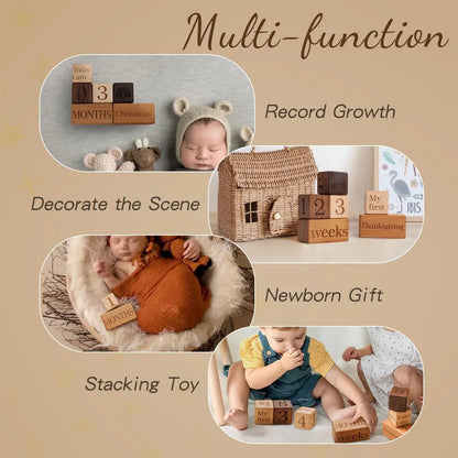 1Set Baby Milestone Block Wooden Beech Block Engraved Newborn Birth Month Birthday Milestones Blocks Photography Props Gift