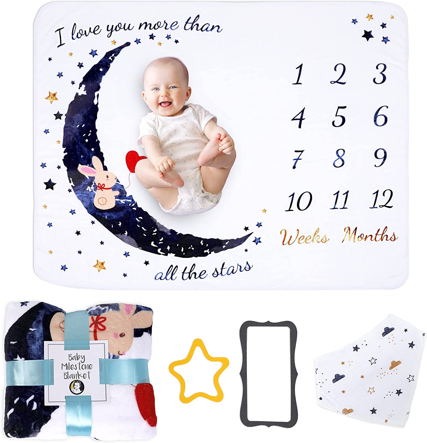 Milestone Blanket – 50X40-Inch Milestone Blanket with Bib & Frames – Soft Fleece Baby Milestone Photo Blanket – Gender Neutral Baby Grow Chart Blanket for Nursery Décor Baby Shower (Moon)