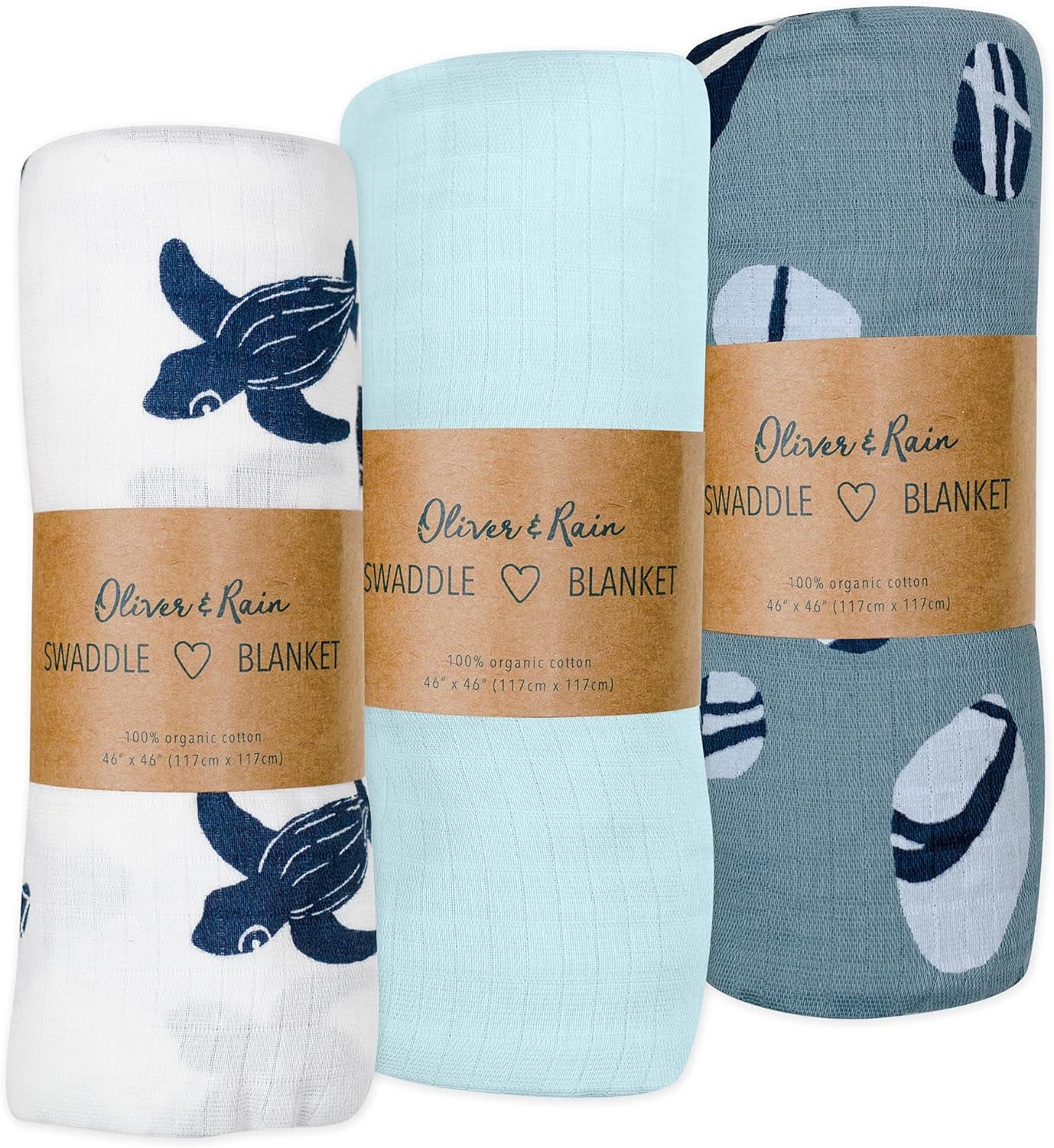 Organic Muslin Baby Boy Swaddle Blankets 3 Pack Receiving Blanket Turtle & Sea Rock Prints