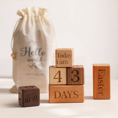 1Set Baby Milestone Block Wooden Beech Block Engraved Newborn Birth Month Birthday Milestones Blocks Photography Props Gift