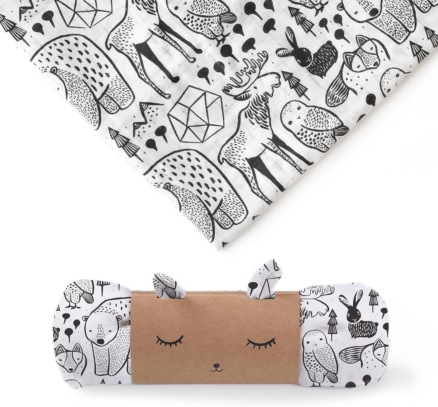 , Organic Muslin Swaddle - Nordic - Woodland Animals Design, Black and White for Baby Visual Development, Quality Cotton Swaddling or Receiving Blanket