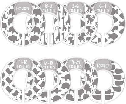 Baby Closet Size Dividers | Set of 8 | Nursery Clothes Organization Sized from Newborn | 1-24 Months to Toddler | Perfect for Baby Shower (Unisex - Animals)